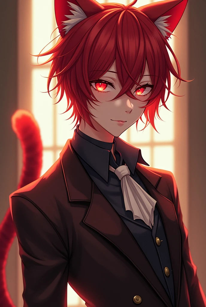man, beautiful playful face, Red hair, red cat ears, red cat tail., Antique clothes, Red eyes, beautiful body, high detail, professional quality, realistically, anime art