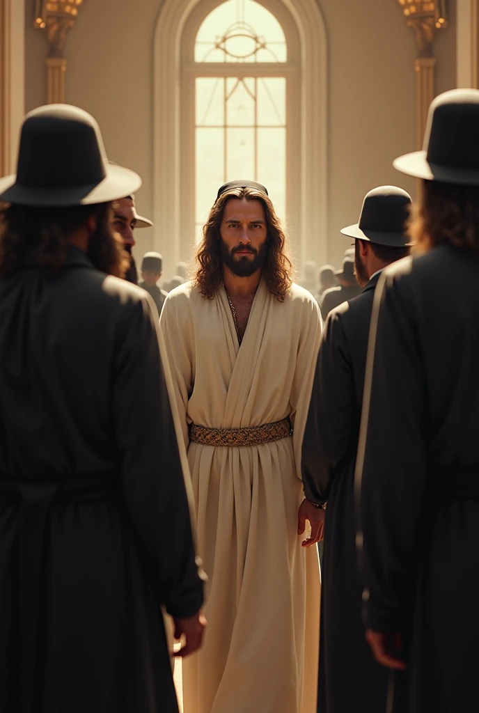 Jesus in a modern synagogue with rabbis wearing hats or kipa