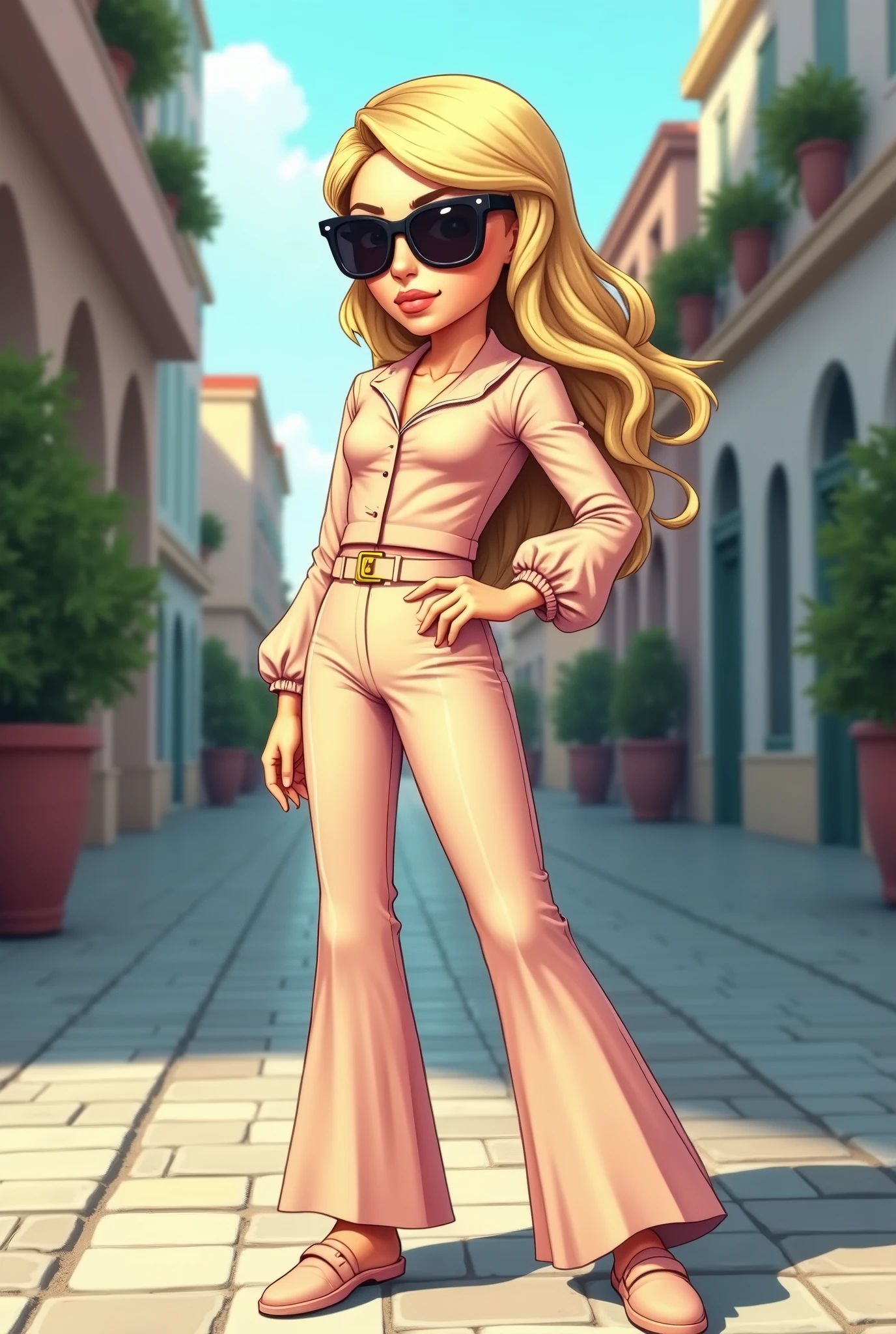 A modern blonde haired woman wearing sunglasses, elegant pink color outfit