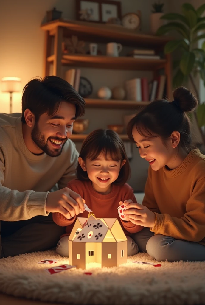 Image of a smiling family in their living room, building a house with some playing cards, giving a feeling of warmth and protection. (size 16:9 4k)