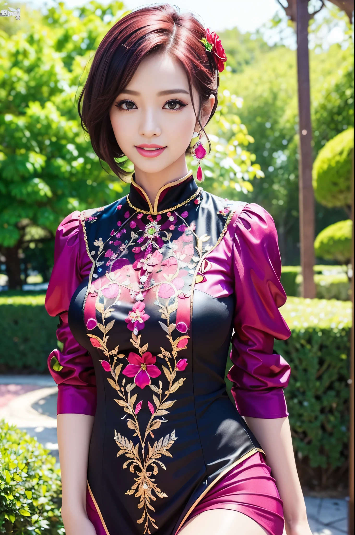 (masterpiece:1.4), (best quality:1.4), ultra high res, ultra high resolution, ((detailed facial features)), HDR, (realistic, photorealistic, photo-realistic:1.37), full body Esbian, sexy Vietnamese model, (-anime), vivid colors, ((vivid colors multicolor (red, fuchsia) very short hair)), (happy smile), lip-gloss, long lashes, ultra detailed metallic makeup, defined eyebrows, wearing large sparkling colorful jewelery, wearing a red silk Paradise Kiss cosplay dress with black floral embroidery, ((vivid colors outfit)), vivid colors, look at the camera, cinematic light, large park background with trees, sweet and sexy pose