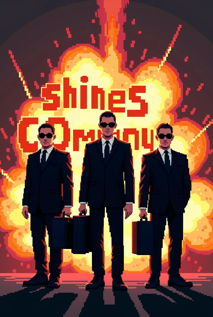 Three people in black suits and sunglasses in pixel art, each holding a briefcase. Behind them, a pixelated stylized explosion, with the word "Shines Company" written inside the explosion. The figures are lined up side by side, in a confident and serious pose, while the explosion in the background adds a dramatic effect to the scene.
