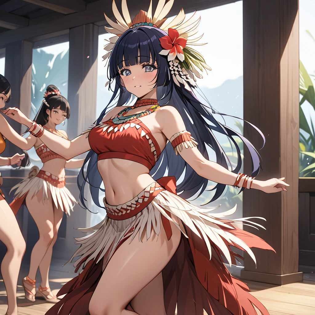 ((Highest quality)), ((masterpiece)), (detailed), （Perfect Face）、The woman is Reika Aoki with semi-long hair、A woman is wearing a Polynesian dance costume and dancing a Polynesian dance