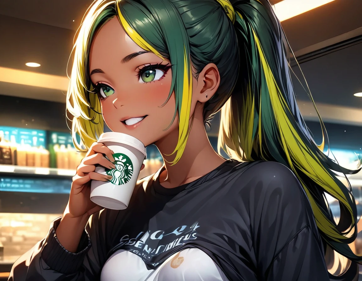 (highest quality:1.2, Very detailed, up to date, Vibrant, Ultra-high resolution, High Contrast, masterpiece:1.2, highest quality, Best aesthetics), Portraiture、girl、((slim:1.5)), Bright colors、Beautiful fine details、Beautiful lip detail、long hair, (ponytail:1.3), white and yellow green ((streaked hair:1.6)), highlights hair: 1.5, (small breast,:1) (tan skin:0.9), drinking coffee:1, in Starbucks, happy, cowboy shot