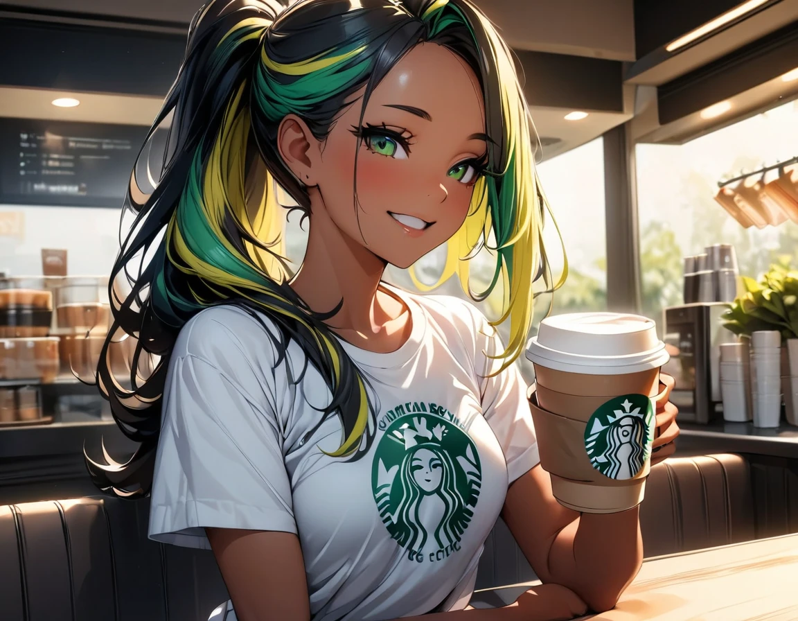 (highest quality:1.2, Very detailed, up to date, Vibrant, Ultra-high resolution, High Contrast, masterpiece:1.2, highest quality, Best aesthetics), Portraiture、girl、((slim:1.5)), Bright colors、Beautiful fine details、Beautiful lip detail、long hair, (ponytail:1.3), white and yellow green ((streaked hair:1.6)), highlights hair: 1.5, (small breast,:1) (tan skin:0.9), drinking coffee:1, in Starbucks, happy, cowboy shot