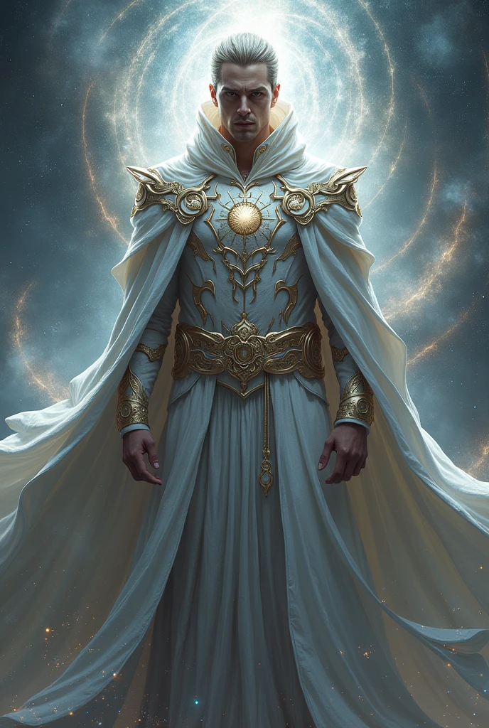 SILVER WIZARD'S CAPE WITH GOLD AND CELESTIAL WHITE FROM HEAD TO TOE ,Showing your masculine face