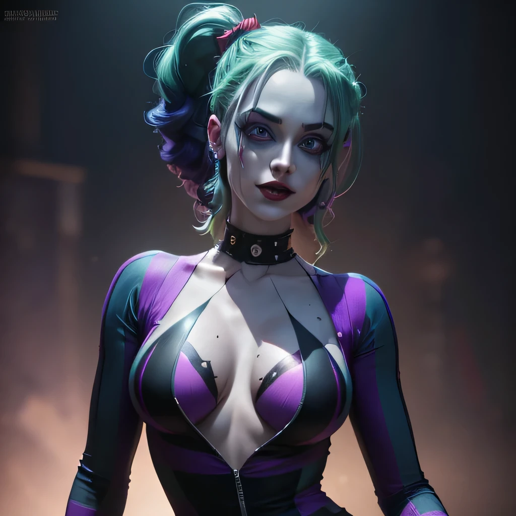 Harley quinn dressed as Beetlejuice, detailed face, mesmerizing eyes, vibrant purple and green hair, sinister smile, pale skin, striped suit, theatrical pose, dark and grungy atmosphere, (best quality,4k,8k,highres,masterpiece:1.2),ultra-detailed,(realistic,photorealistic,photo-realistic:1.37),cinematic lighting,moody colors,gothic horror,surreal