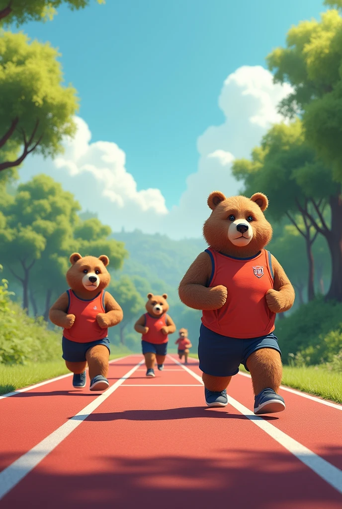 I would like an image where there are adult bears wearing athletic clothing practicing athletics on a running track
