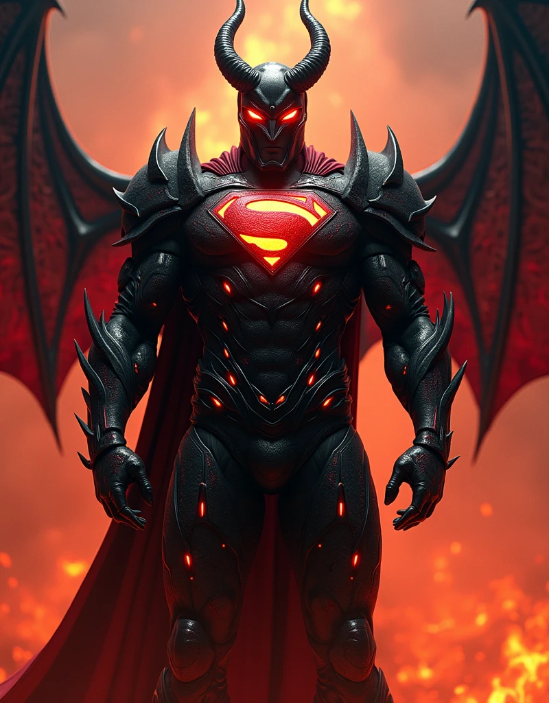 Here is a detailed point-by-point description of the image:
1. **Character Appearance**: The character is a heavily armored, demonic version of Superman, combining the iconic "S" emblem with a dark, fiery, and devilish aesthetic.
2. **Helmet and Horns**: The character is wearing a demonic helmet with two large, curved black horns on either side, enhancing the menacing look. The helmet is designed with intricate, flame-like patterns that are glowing red. The eye slits are glowing with an intense, fiery orange light, giving the character an intimidating and otherworldly appearance.
3. **Armor Design**: The armor is primarily black with red, magma-like patterns throughout. The chest piece prominently features the classic Superman "S" logo, but it’s integrated into the fiery and demonic design, making it look as if the emblem is forged from molten metal. The rest of the armor is covered in jagged, sharp details, resembling demonic flames or lava, especially on the arms and shoulders.
4. **Cape**: The character has a red cape that appears to be attached to the shoulder armor. The cape is slightly visible in the background, adding to the overall dramatic and fiery visual.
5. **Wings**: The character has large, bat-like wings that are spread wide behind him. These wings are black with red accents, giving them a hellish and intimidating appearance. They appear almost leathery, with a fiery glow, matching the rest of the character's demonic theme.
6. **Background**: The background is engulfed in flames and smoke, creating a hellish atmosphere that complements the character's design. The intense red and orange tones in the background enhance the fiery elements of the armor and wings.
7. **Lighting**: The lighting in the image is dramatic, with a focus on highlighting the glowing red elements of the armor and helmet. The flames in the background also add to the overall lighting, casting a warm, fiery glow across the character.
8. **Pose**: The character is standing in