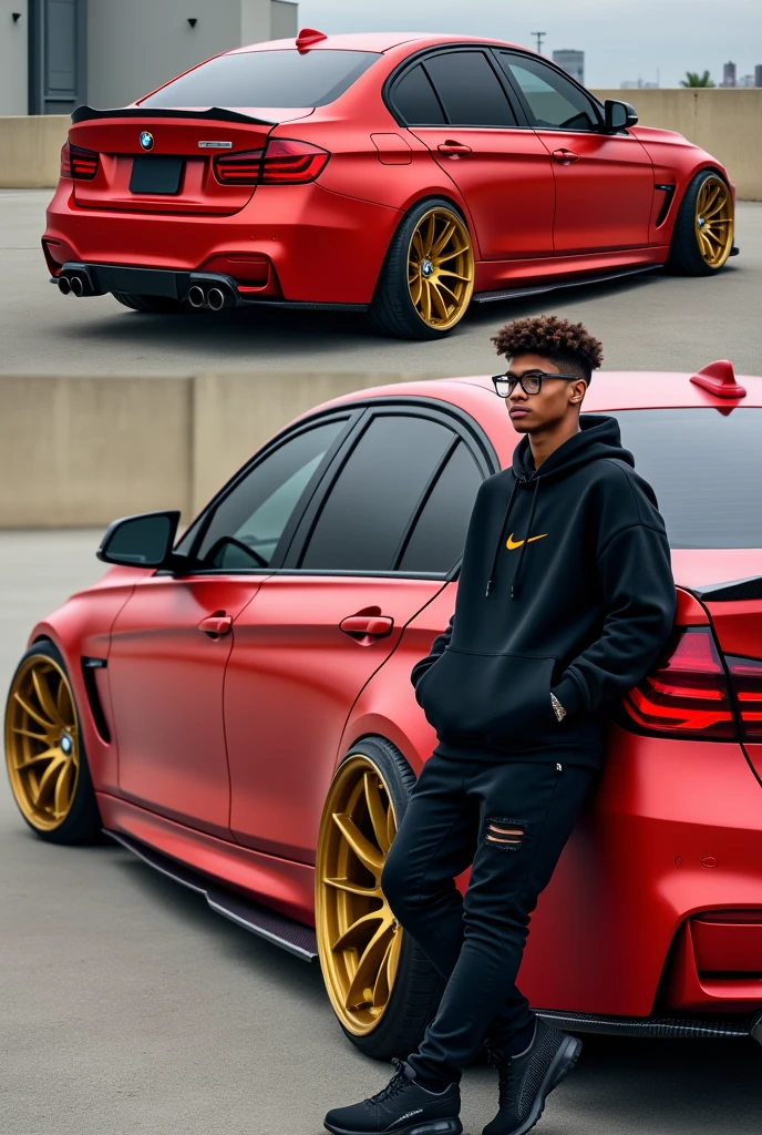 Realistic HD photo from different angles of a BMW 320i 2014 model in matte red with gold rims and yellow calipers and a spoiler, Sporty diffuser and side skirts in carbon fiber, and leaning on him a young man with square glasses and medium-long curly hair with a taper fade cut and a black Nike sweatshirt, Black ripped pants and Yeezy 350 bread