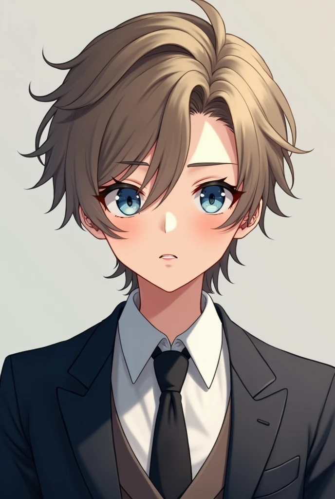I want you to create a realistic male anime character around 2 with light brown hair almost dark ash blonde, snow blue eyes, Medium short long hair combed and with a suit twisted up, medium strong