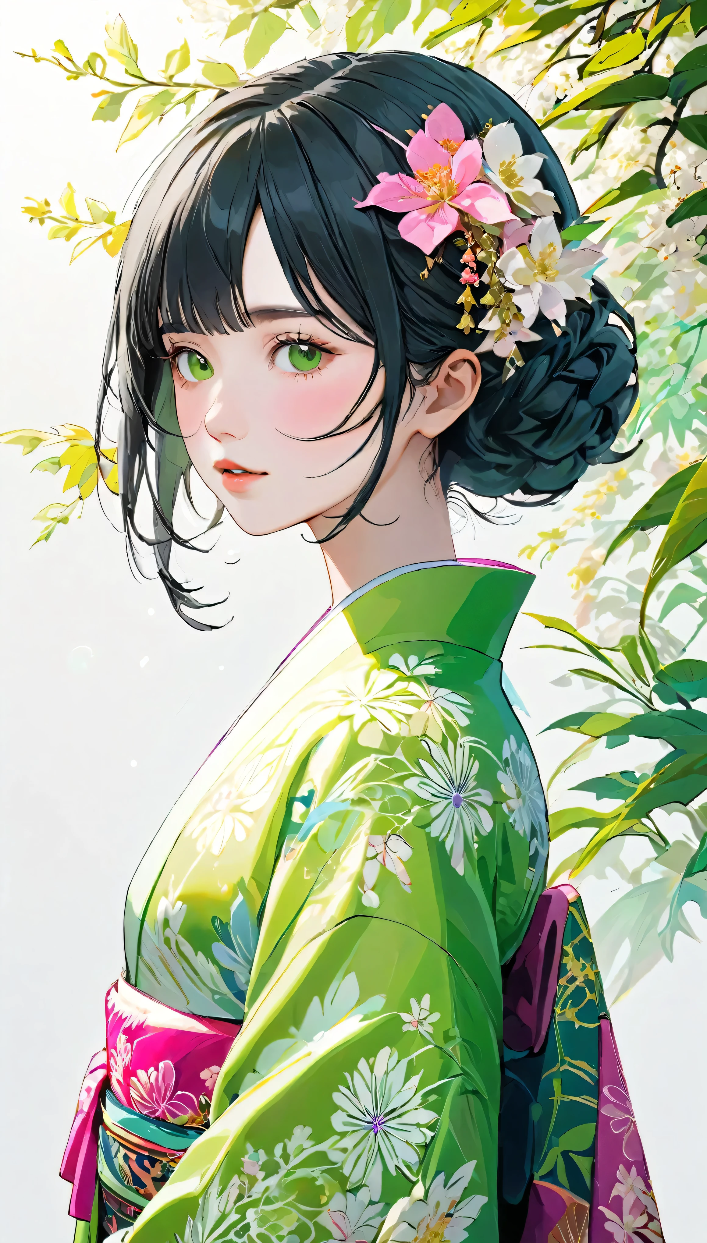 (((White Background、White world)))、2、unity 8k wallpaper、Very detailed、beautifully、aesthetic、masterpiece、Highest quality、(Tangle、Mandala、Tangle、Tangle)、(Fractal Art:1.3)、One Woman、Beautiful black hair、Bobcut、Japanese、Big pink、Green kimono、Japanese...