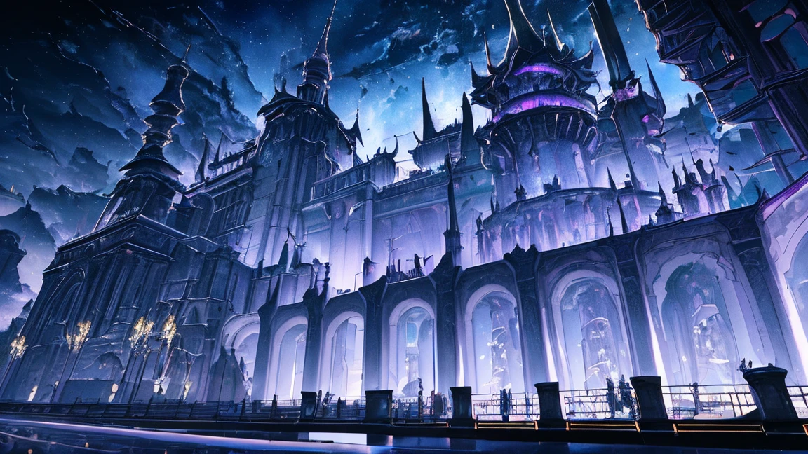 {(best quality, 8k, masterpiece, HDR, soft lighting, perfect image, digital illustration, manhwa art, hyper detailed image, perfect lines, realistic, elegant)} black palace in distance, vibrant city, night sky, open sea port with ships, multiple people wearing medieval attire in distance walking, beautiful, dazzling stars, pretty night sky,
