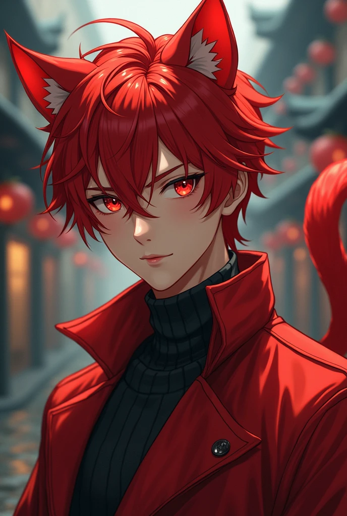 man, beautiful playful face, Red hair, red cat ears, red cat tail., Antique clothes, in a raincoat, Red eyes, beautiful body, high detail, professional quality, realistically, anime art