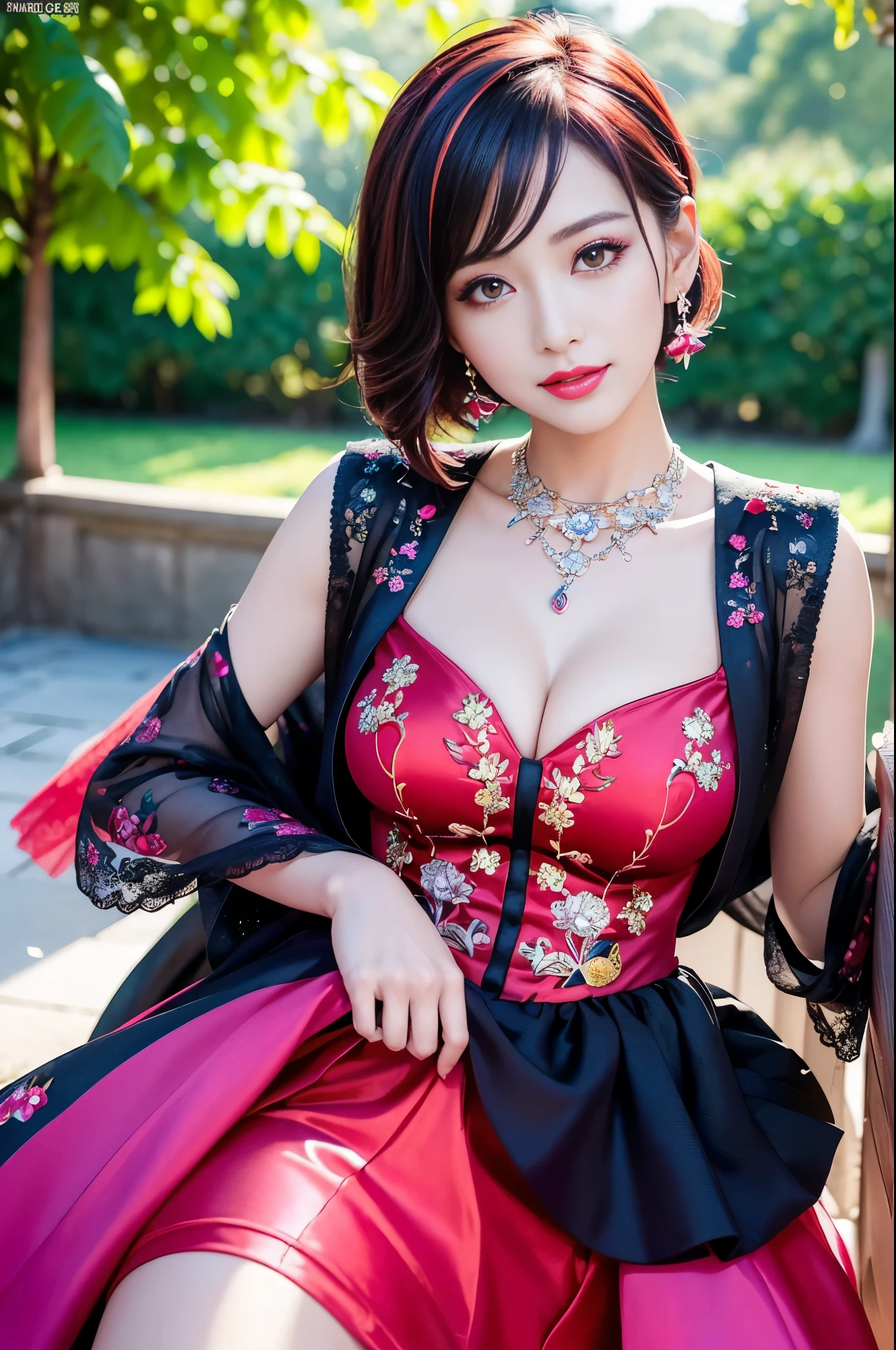 (masterpiece:1.4), (best quality:1.4), ultra high res, ultra high resolution, ((detailed facial features)), HDR, (realistic, photorealistic, photo-realistic:1.37), full body Esbian, sexy Vietnamese model, (-anime), vivid colors, ((vivid colors multicolor (red, fuchsia) very short hair)), (happy smile), lip-gloss, long lashes, ultra detailed metallic makeup, defined eyebrows, wearing large sparkling colorful jewelery, wearing a red silk Paradise Kiss cosplay dress with black floral embroidery, ((vivid colors outfit)), vivid colors, look at the camera, cinematic light, large park background with trees, sweet and sexy pose