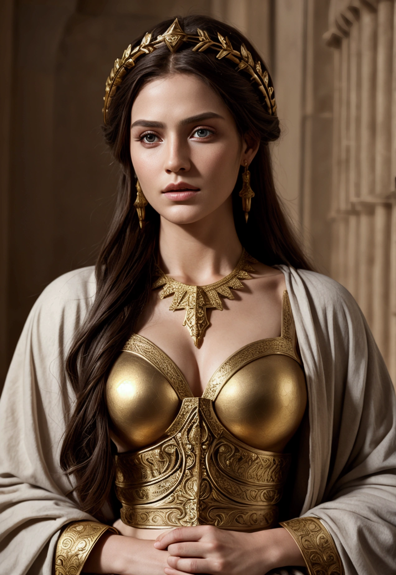 Greek Goddess Superhero, extravagant body, full body portrait, detailed hairstyle, detailed background, shallow depth of field, photorealistic, cinematic light