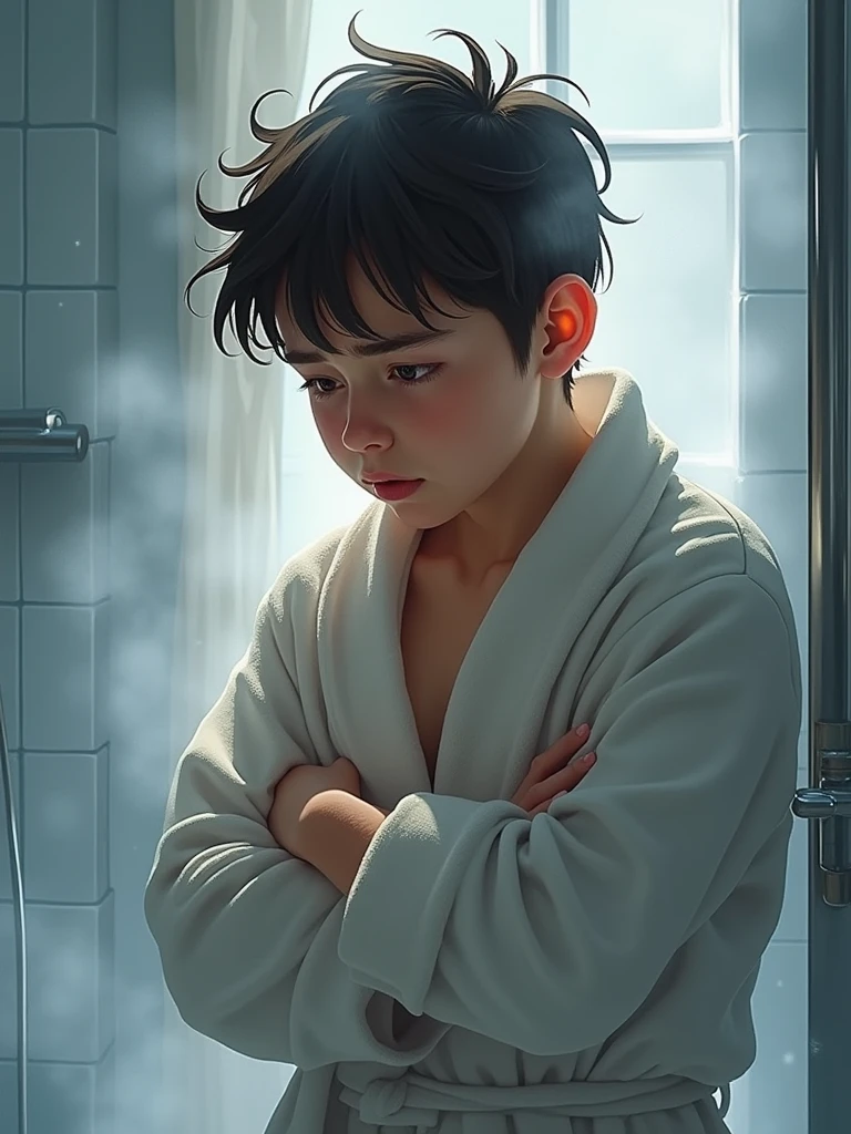 Create an image of a person who clearly doesn't like taking a shower in the cold. The scene must show a young person, with an expression of discomfort and reluctance, perhaps shrugging your shoulders and squeezing your arms around your body. They may be holding a towel or wearing a thick robe., with messy hair. The setting is a bathroom with steam all around, suggesting that it is cold outside. Details such as the person looking at the hot water or avoiding getting into the shower help to convey the idea of aversion to the cold.