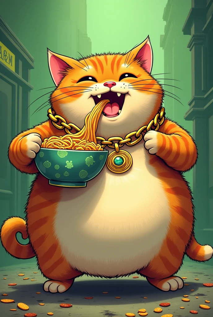 Fat friendly inviting cat with slit eyes sitting eating Chinese noodles from a bowl that she carries with her tail wearing a fat gold chain color logo green in comic style