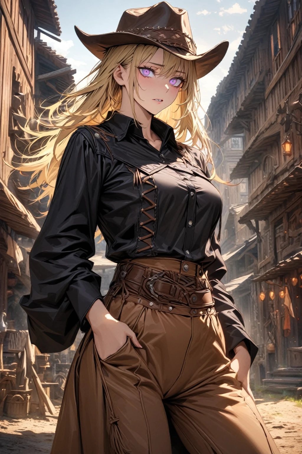 absurd, high resolution, ultra detailed, HDR, masterpiece, best quality, extremely detailed face and eyes, Yuki Tsukmo, blonde hair, expressive violet eyes, Jujutsu Kaisen, solo, woman, beautiful, wearing cowboy hat, cowboy costume, western, old west background