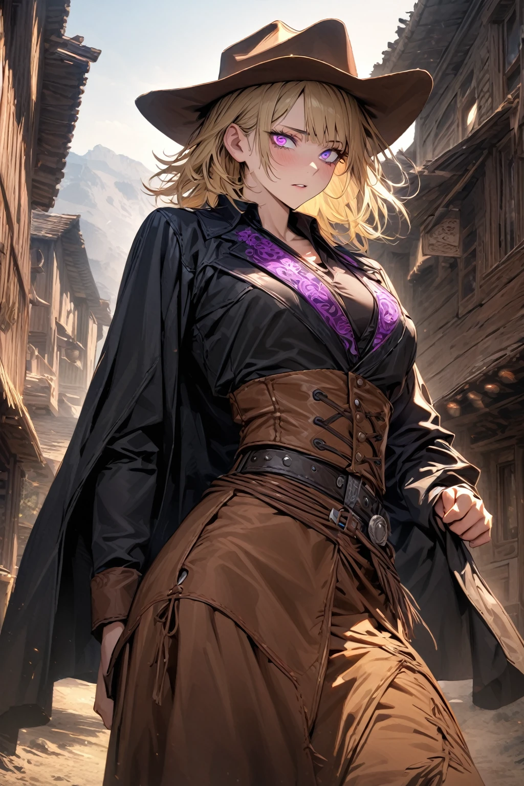 absurd, high resolution, ultra detailed, HDR, masterpiece, best quality, extremely detailed face and eyes, Yuki Tsukmo, blonde hair, expressive violet eyes, Jujutsu Kaisen, solo, woman, beautiful, wearing cowboy hat, cowboy costume, western, old west background