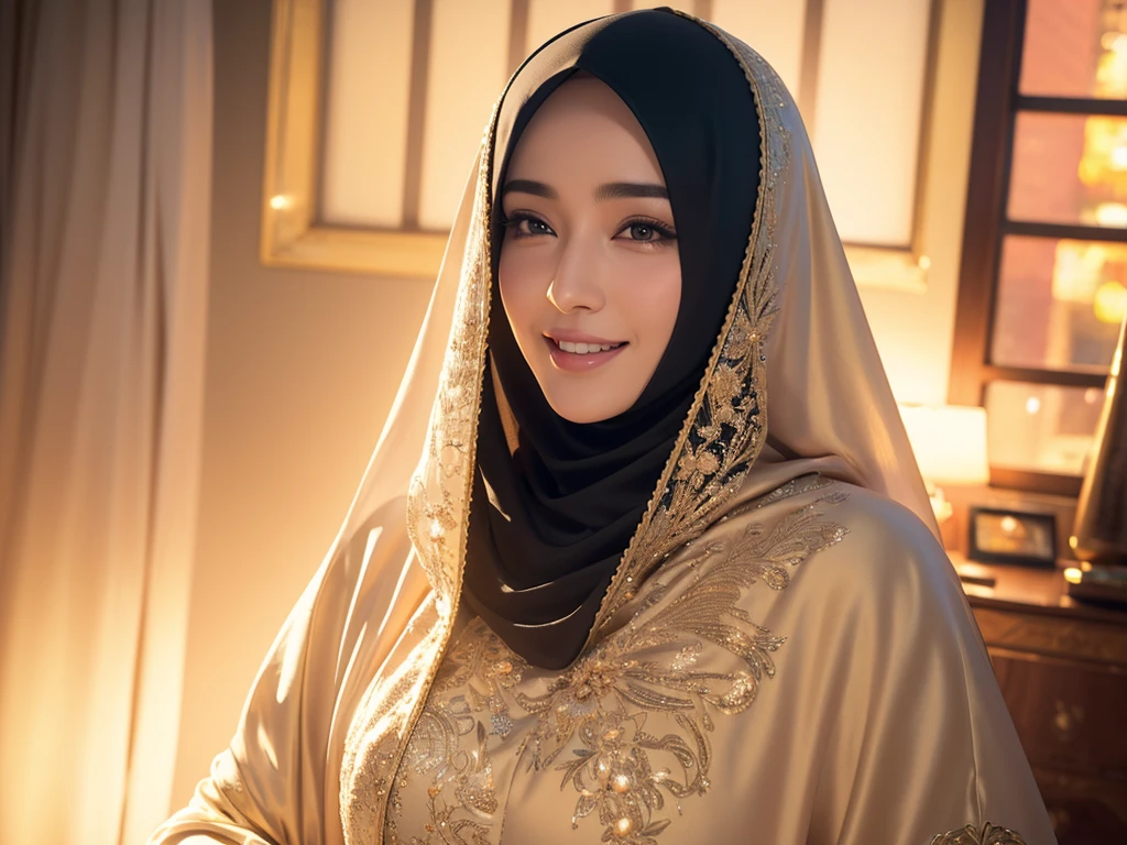 a gorgeous 4 Indonesian woman, 1girl, silk abaya, in hijab, smiling, shy, opened mouth, visible teeth, hot mom, full body portrait, (best quality,4k,8k,highres,masterpiece:1.2),ultra-detailed,(realistic,photorealistic,photo-realistic:1.37),HDR,UHD,studio lighting,ultra-fine painting,sharp focus,physically-based rendering,extreme detail description,professional,vivid colors,bokeh,portraits,warm color tones,dramatic lighting