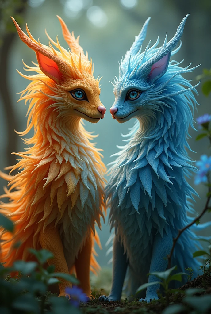 needs to be in Portuguese 2 beautiful magical fantastical creature,highly detailed,hyperrealistic,intricate patterns,detailed textures,glowing ethereal eyes,intricate wings,flowing magical energy,radiant colorful feathers,magical natural environment,lush foliage,dramatic lighting,vivid colors,cinematic composition,award winning digital art, masterpiece, 32K UHD,style raw