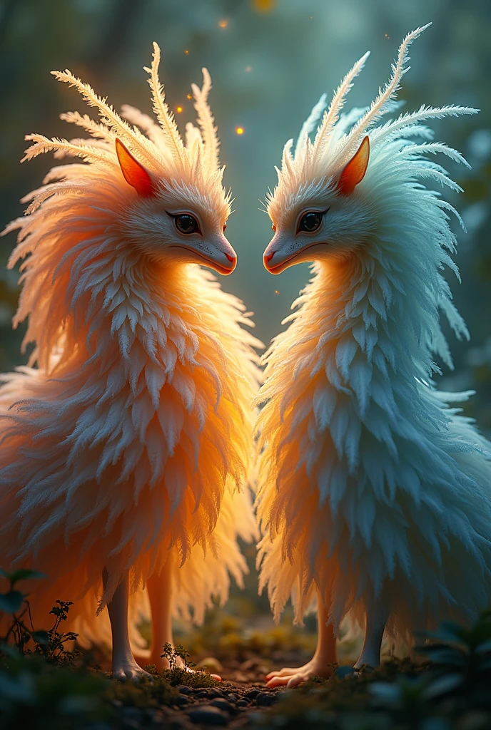needs to be in Portuguese 2 beautiful magical fantastical creature,highly detailed,hyperrealistic,intricate patterns,detailed textures,glowing ethereal eyes,intricate wings,flowing magical energy,radiant colorful feathers,magical natural environment,lush foliage,dramatic lighting,vivid colors,cinematic composition,award winning digital art, masterpiece, 32K UHD,style raw