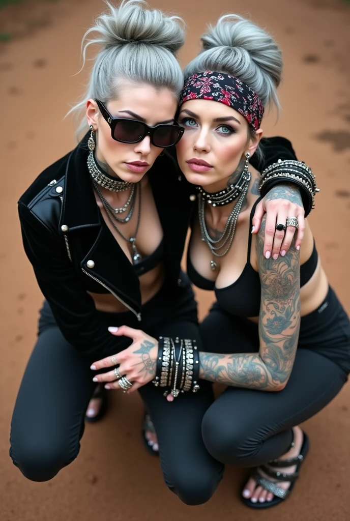 Two russian milf women, grey hair (bouffant, top bun) and oversized square sunglasses and wide colourful bandana as headband, with very light green eyes, extremely pale. Big lips. Aged cropped black velvet moto jacket with side and sleeve zippers. Black lace push up bra, silicone breast,, black yoga pants with holes on knees. Flip flops. Lots of thick wide studded bracelets, chain collars and big rings,. Additional crossed loose belts,. Long earrings with chains and feathers. Metal pendants. Bracelets in ankles. Squatting with legs apart. Neck, chest, stomach and wrists heavily tattoed. Toned abdominals, thin neck, slim legs and thin forearms. Narrow hips and long legs. Exhausted, craving face, chin up. Seen from above. Dirt street of Kenya full of dirt and garbage bagsshirtless men behind. Hugging each other tight. Serious, sad faces