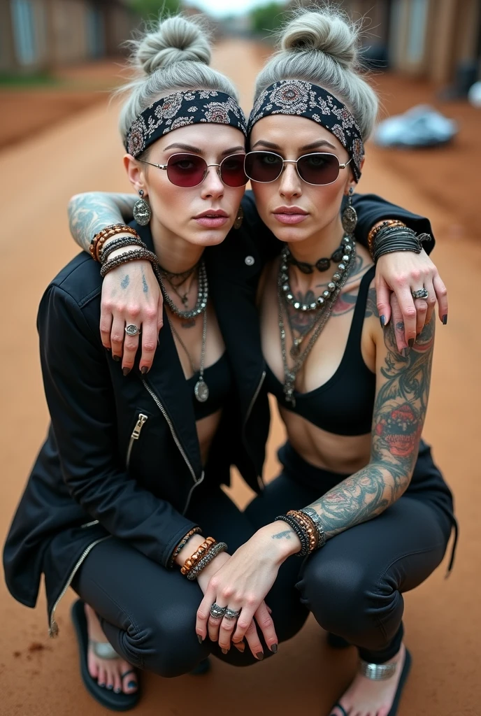 Two russian milf women,  grey hair (bouffant, top bun) and oversized square sunglasses and wide  colourful bandana as headband, with very light green eyes, extremely pale. Big lips.  Aged cropped black velvet moto jacket with side and sleeve zippers. Black lace push up bra, silicone breast,, black yoga pants with holes on knees.  Flip flops. Lots of thick wide studded bracelets, chain collars and big rings,. Additional crossed loose belts,. Long earrings with chains and feathers. Metal pendants. Bracelets in ankles. Squatting with legs apart. Neck, chest, stomach and wrists heavily tattoed. Toned abdominals, thin neck, slim legs and thin forearms. Narrow hips and long legs. Exhausted, craving face, chin up. Seen from above. Dirt street of Kenya full of dirt and garbage bagsshirtless men behind. Hugging each other tight. Serious, sad faces