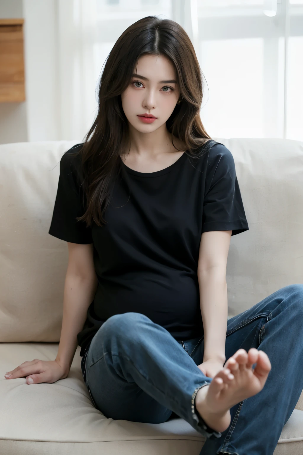 最high quality, 8k, Masseter muscle area, Vibrant, Sharp focus, high quality, High resolution, alone, Middle-aged women, Beautiful woman, 3, whole body, Wear slippers, Highly detailed face, Highly detailed eyes, Thick lips, ((Looking at the audience)), Plump figure, Sit on the sofa in the room、(Wear a long T-shirt and black skinny jeans)Beautifully styled hair, Open-necked clothing Brightly colored patterned dresses, afternoon、(Pregnant women)妊娠をhide女性((hide)) Early pregnancy