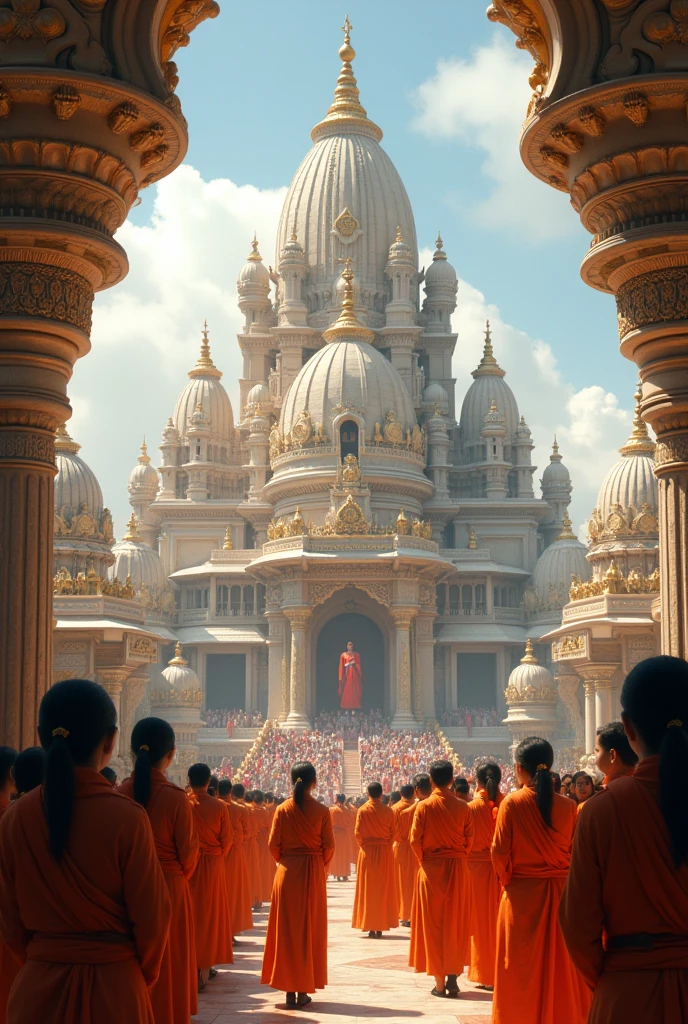 Hindu religion in 3035. People worship in temples . All re happy.
