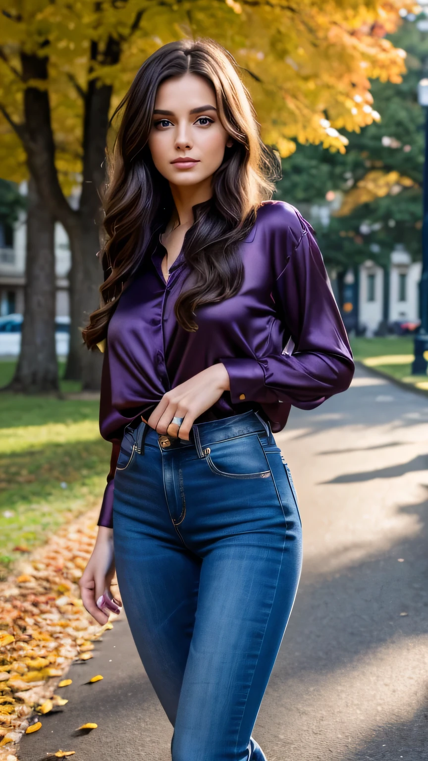 Realistic full body photo of a smiling, Young brunette girl with long hair, She dances in front of the camera in a long purple silk shirt and tight black jeans..., Park,glamour fotoshooting, Park, perfect anatomy, perfect brown eyes. Perfect hands with 5 fingers on each hand, Matching girl, looking at the camera, 1 Frau. (Eye make up:1.1), (highly detailed skin:1.1), spirit, analog style, keen focus, 8K  UHD, dslr, good quality, Fujifilm XT3, Grain, Award-winning, ​masterpiece. Park