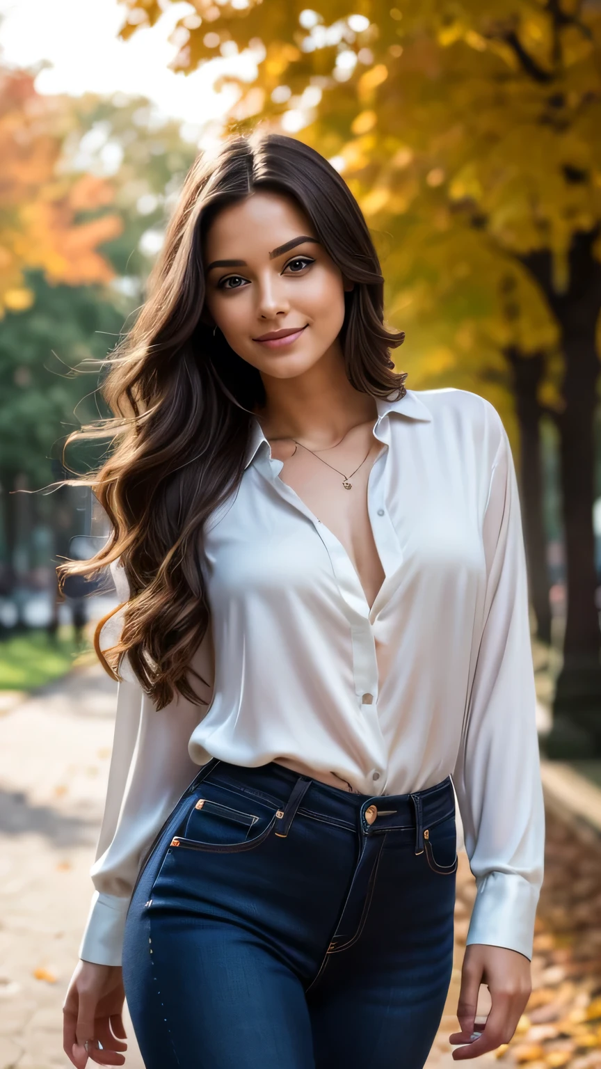 Realistic full body photo of a smiling, Young brunette girl with long hair, She dances in front of the camera in a long purple silk shirt and tight black jeans..., Park,glamour fotoshooting, Park, perfect anatomy, perfect brown eyes. Perfect hands with 5 fingers on each hand, Matching girl, looking at the camera, 1 Frau. (Eye make up:1.1), (highly detailed skin:1.1), spirit, analog style, keen focus, 8K  UHD, dslr, good quality, Fujifilm XT3, Grain, Award-winning, ​masterpiece. Park