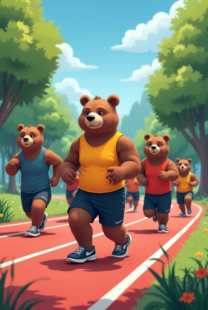 I would like an image where there are adult bears wearing athletic clothing practicing athletics on a running track