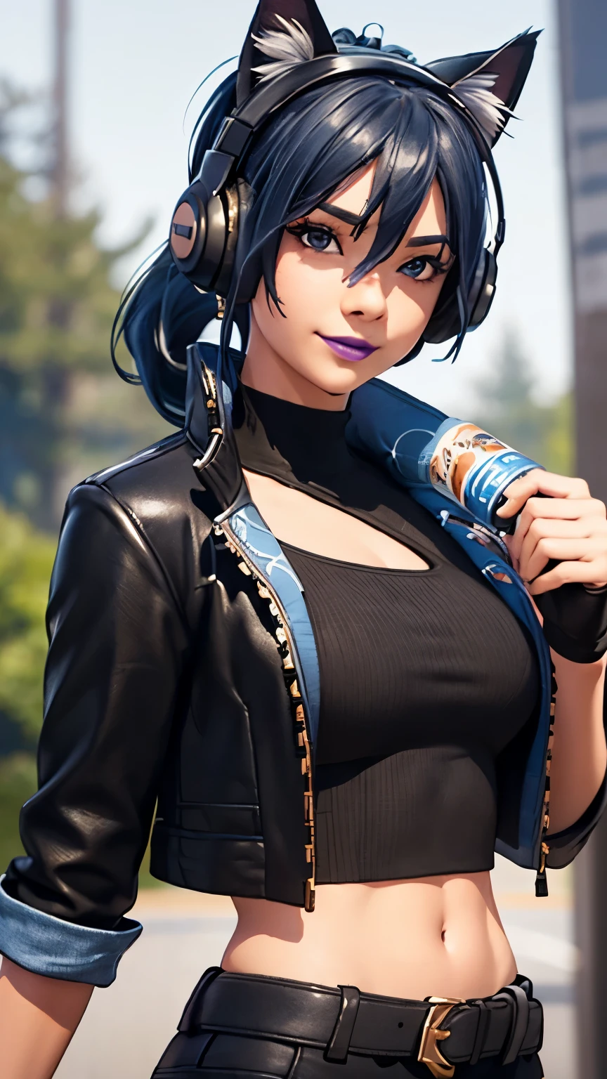 Forest background, 1girl, solo, HeroicHopeFN, Heroic Hope from fortnite, (crop top, black top, open clothes), (jacket crop top, black jacket, blue loose, jacket loose), fingerless gloves, black pants, blue belt, blue hair, ponytail, blue eyes, headphones, cat ears headphones, holster, holster spray cans, purple lips, lipsticks, smirk, upper body, looking at viewer,