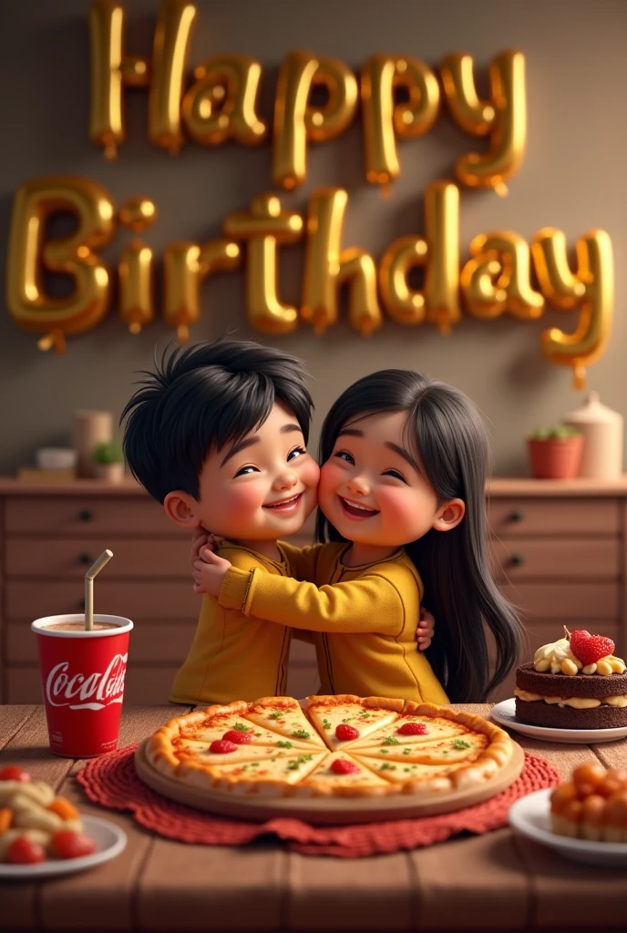 A young boy and a chubby cheeks girl with chico eyes and long hair are hug each other while they are sitting on a charpai and in front of them there is Creamy chicken Tikka pizza and coke drink or on the table far a chocolate cake also keep and in the background of the wall write with a balloon happy birthday