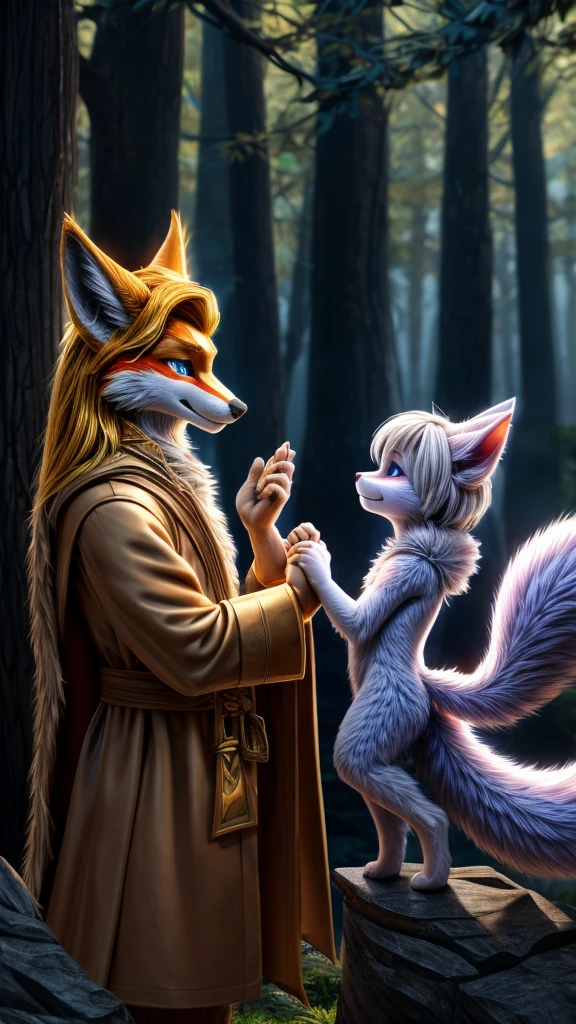 
you **Children** are a race inspired by the mystical figure of the kitsune, bringing with it a charming appearance and mystical abilities related to deception, to the transformation, and the control of spiritual energies. Its appearance is both ethereal and mysterious., reflecting the dual nature of its essence.

- **Skin and Coat:** The skin of the **Children** it is smooth and of a pale or slightly golden hue, while certain parts of the body, like the ears, tail and sometimes part of the back and shoulders, are covered by a fine, silky coat. The coat usually varies in shades from pure white to golden red., gray or black, depending on your lineage and age. On some occasions, the coat may even have an iridescent sheen, especially under the moonlight.

- **eyeballs:** you olhos dos **Children** are one of its most striking features. They have vibrant irises that range in color from amber to, purple, light blue, or golden, often with slitted pupils like a feline&#39;s. Your eyes have a supernatural glow, especially at times of using their magical abilities, can be mesmerizing to those who cross their gaze. They have exceptionally sharp eyesight, both during the day and at night.

- **ears and tail:** you **Children** have pointed and elongated ears, similar to those of a fox, that are highly expressive and capable of capturing sounds over great distances. Their tails are one of their most iconic features.; elk **Children** has one or more long, fluffy tails. The number of tails a **Children** has is indicative of his power and wisdom, with the oldest and most powerful being able to have up to nine tails. The tails are incredibly agile and serve both for balance and as conductors of their spiritual energy..

- **hairs:** you **Children** have long, flowing hair, which are often vibrant and exotic in color, like silver,
It's in a forest 