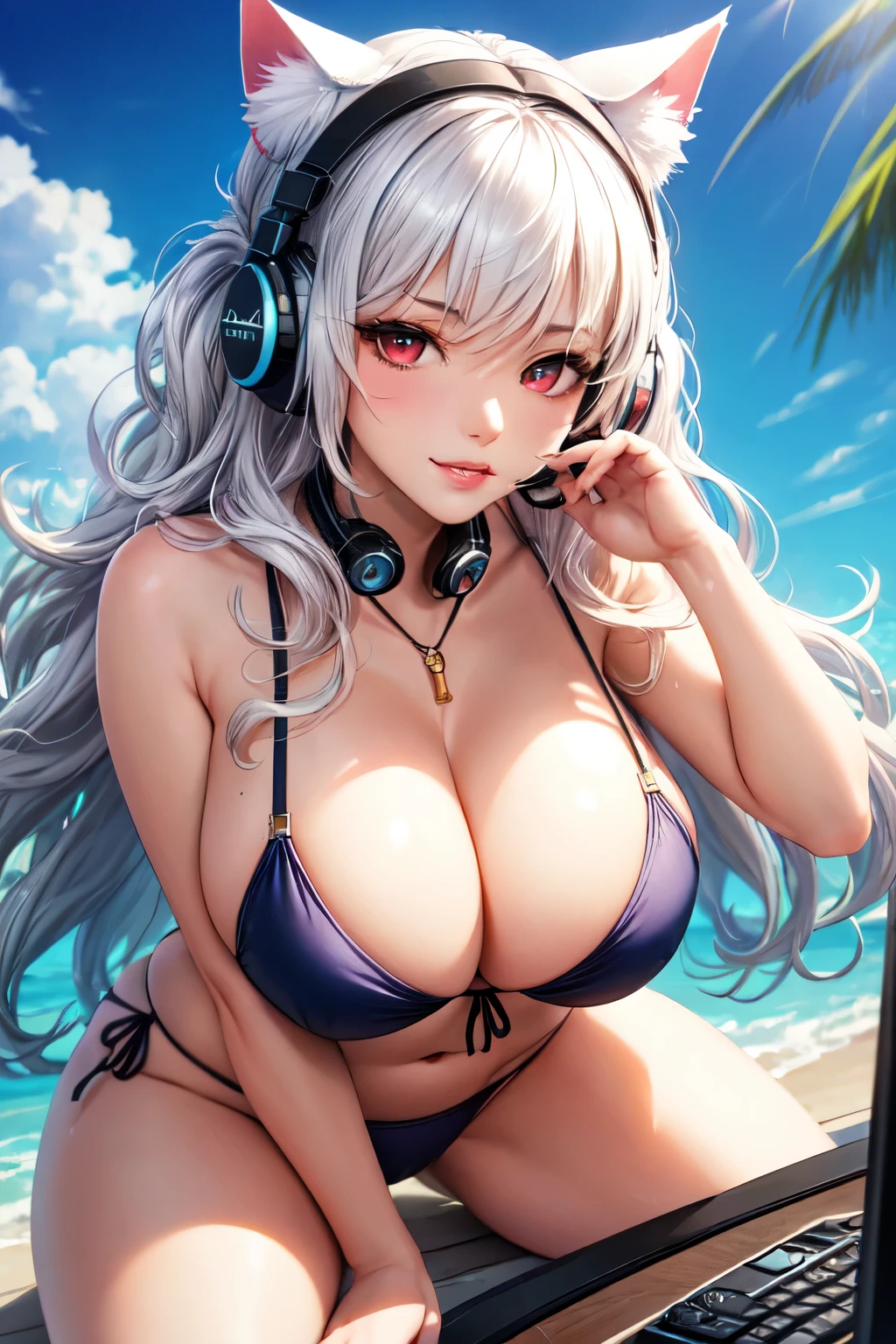 ((exceptional quality)), ((masterpiece)), (detailed), perfect face, perfect eyes, expressive eyes, long wavy white hair, white cat ears, gigantic breasts, thick thighs, red eyes, bratty, lips parted slightly, lips curled into a smirk, glossy lipgloss, bikini top with knot tied in the front, panties, fishnet stockings, headphones around neck, holding a gaming controller, subject facial features clearly visible, blank background,
