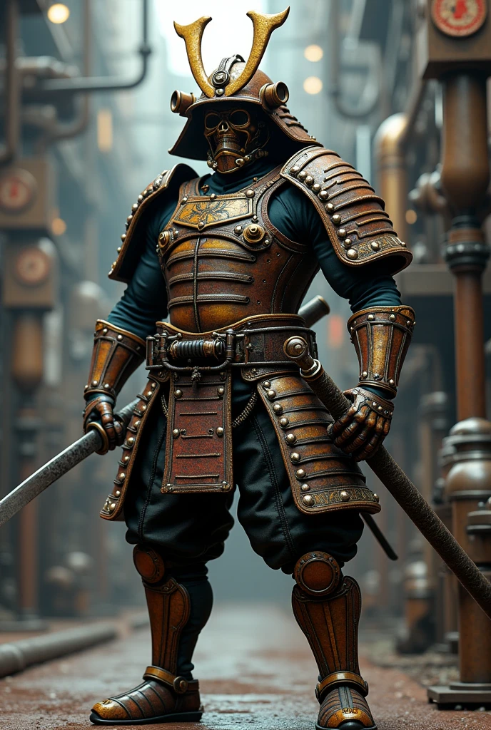 Steampunk samurai made out of pipes and steam
