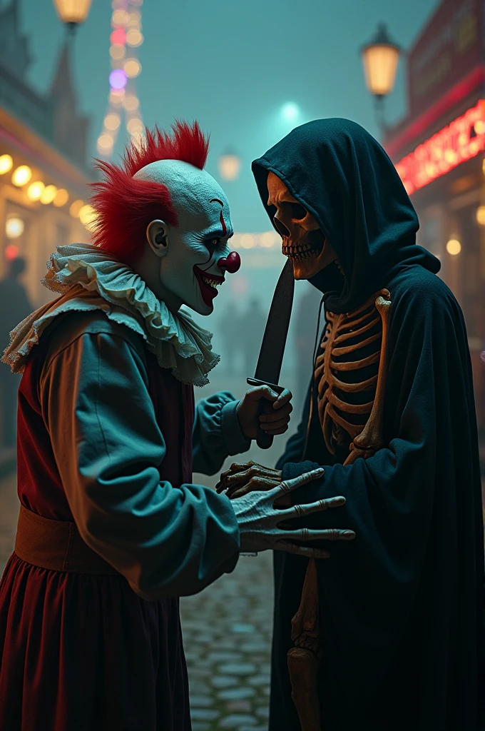 Two friends are hugging, smiling for the photo, and drinking whisky straight from the bottle. One friend is dressed as a killer clown with bloodstains on his clothes and face. He has sharp teeth and glowing eyes. The other is dressed as the Grim Reaper from the horror movie Scream and is holding a knife. They are both having a lot of fun, but even so, they are frightening to look at
