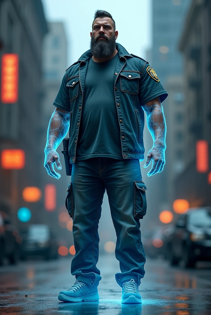 Ex-policeman hologram, with urban clothes, big build beard