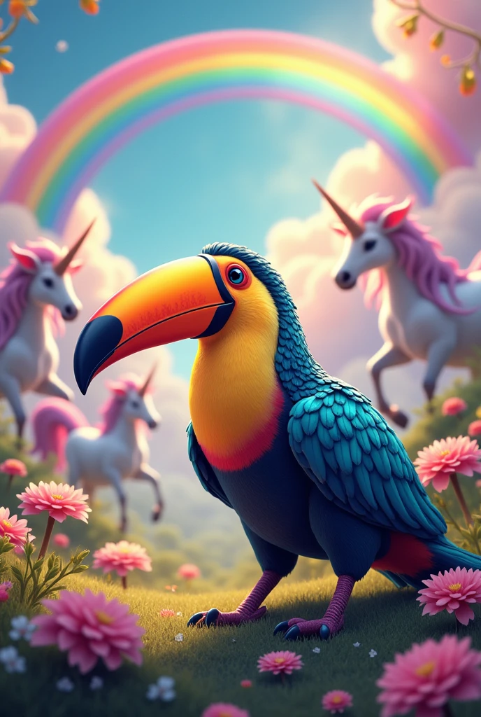 toucan with rainbow and unicorns in the background with lots of color