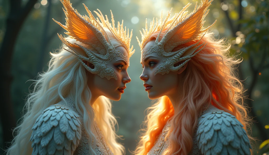 needs to be in Portuguese 2 beautiful magical fantastical creature,highly detailed,hyperrealistic,intricate patterns,detailed textures,glowing ethereal eyes,intricate wings,flowing magical energy,radiant colorful feathers,magical natural environment,lush foliage,dramatic lighting,vivid colors,cinematic composition,award winning digital art, masterpiece, 32K UHD,style raw