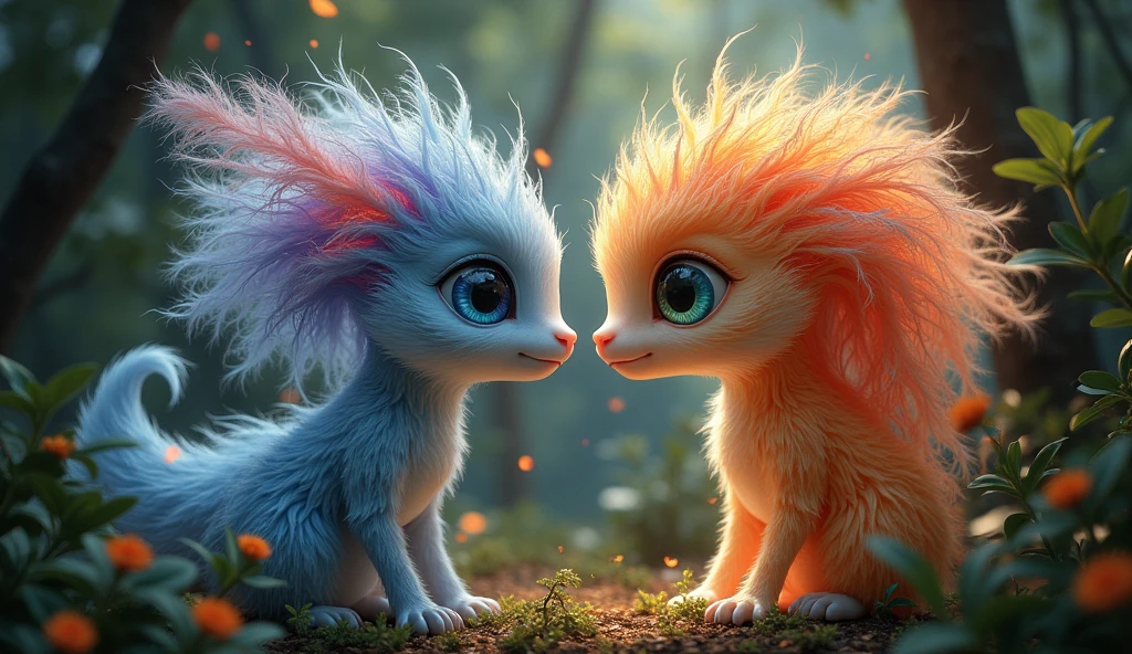 needs to be in Portuguese 2 beautiful magical fantastical creature,highly detailed,hyperrealistic,intricate patterns,detailed textures,glowing ethereal eyes,intricate wings,flowing magical energy,radiant colorful feathers,magical natural environment,lush foliage,dramatic lighting,vivid colors,cinematic composition,award winning digital art, masterpiece, 32K UHD,style raw