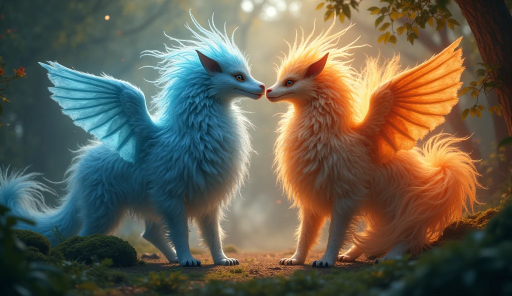 needs to be in Portuguese 2 beautiful magical fantastical creature,highly detailed,hyperrealistic,intricate patterns,detailed textures,glowing ethereal eyes,intricate wings,flowing magical energy,radiant colorful feathers,magical natural environment,lush foliage,dramatic lighting,vivid colors,cinematic composition,award winning digital art, masterpiece, 32K UHD,style raw