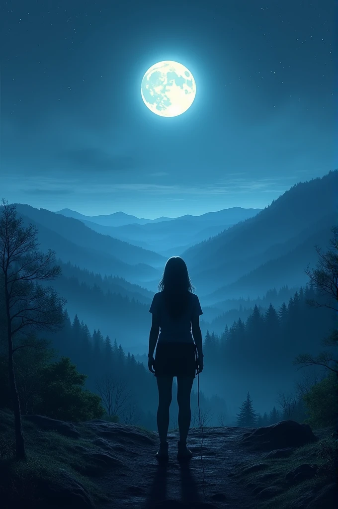 A person observing the landscape at night with a full moon