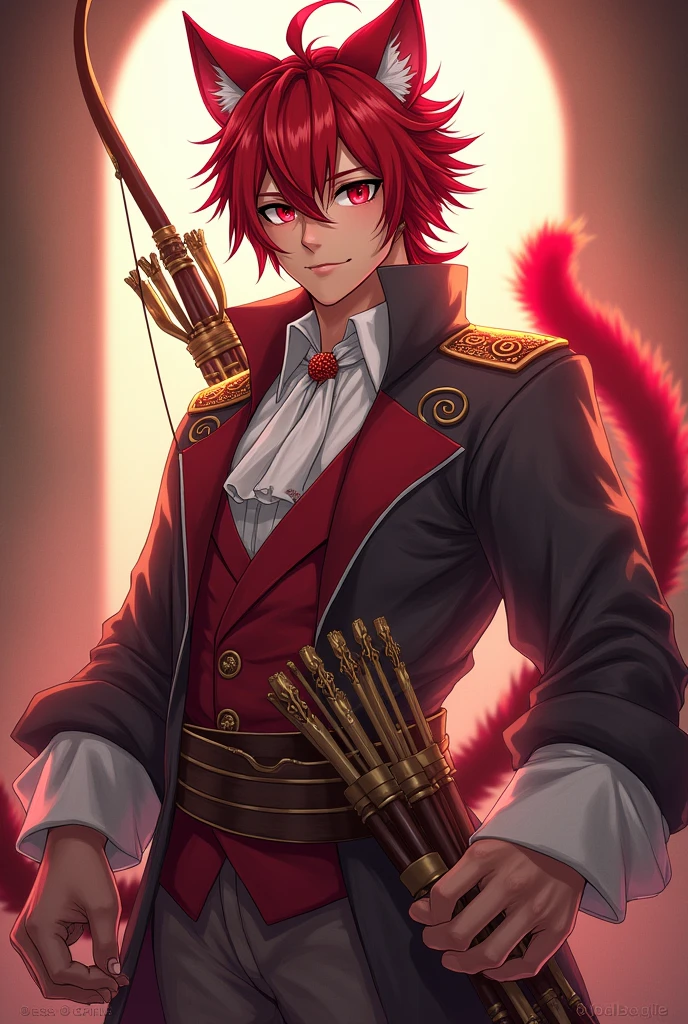 man, beautiful playful face, Red hair, red cat ears, red cat tail., Antique clothes, in a robe with a bow and quiver, Red eyes, beautiful body, high detail, professional quality, realistically, anime art