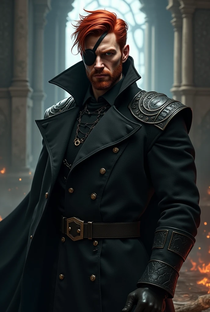Realistic male character with red hair wearing an eye patch on one eye wearing a Dark fantasy RPG overcoat