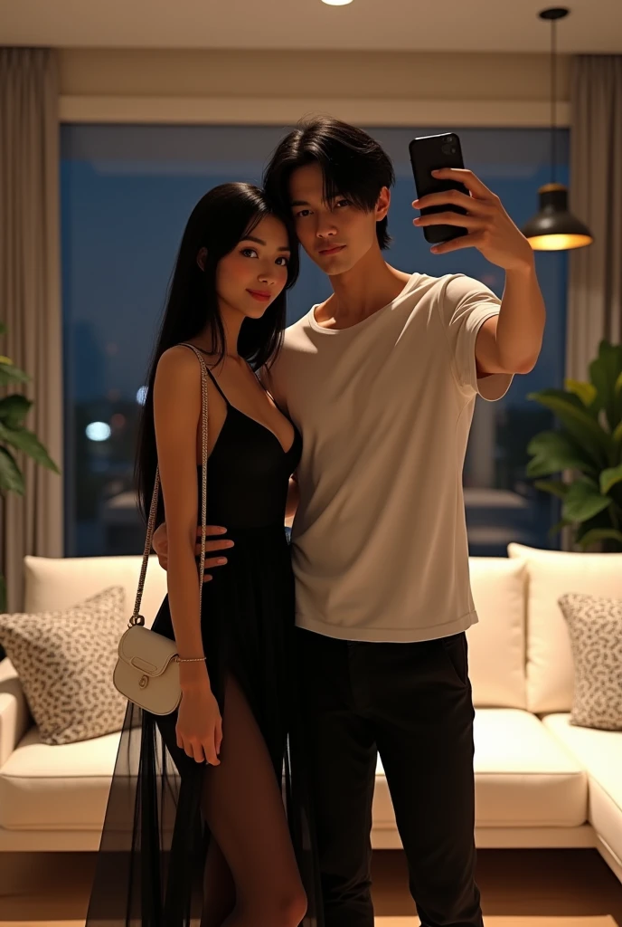 create an image of a couple taking a selfie in a well-lit room at night, as indicated by the darkness visible through the window. the woman on the left has long, straight black hair and is wearing a black, sheer, sheer dress with thin straps, and is carrying a small white purse. the man on the right has a long, black bob and is wearing a white, short-sleeved button-front t-shirt and black tailored pants. in the background is modern furniture, including a white sofa with decorative pillows, as well as indoor plants and pendant lights that contribute to the sophisticated ambiance. 