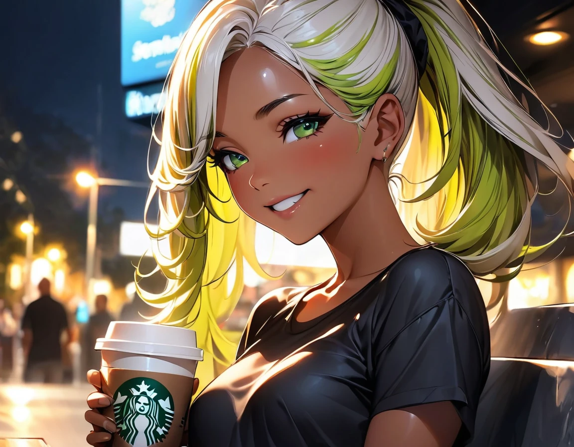 (highest quality:1.2, Very detailed, up to date, Vibrant, Ultra-high resolution, High Contrast, masterpiece:1.2, highest quality, Best aesthetics), Portraiture、girl、((slim:1.5)), Bright colors、Beautiful fine details、Beautiful lip detail、long hair, (ponytail:1.3), white and yellow green ((streaked hair:1.6)), highlights hair: 1.5, (small breast,:1) (tan skin:0.9), drinking coffee:1, in Starbucks, black t-shirt, happy, cowboy shot